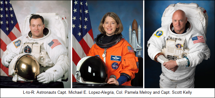L-to-R: Astronauts Capt. Michael E. Lopez-Alegria, Col. Pamela Melroy and Capt. Scott Kelly