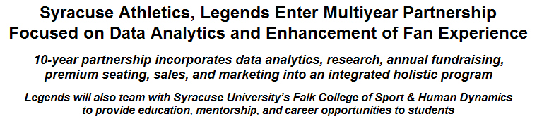 Syracuse Athletics, Legends Enter Multiyear Partnership Focused on Data Analytics and Enhancement of Fan Experience