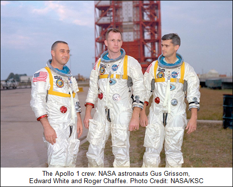 The Apollo 1 crew: NASA astronauts Gus Grissom, Edward White and Roger Chaffee. Photo Credit: NASA/KSC